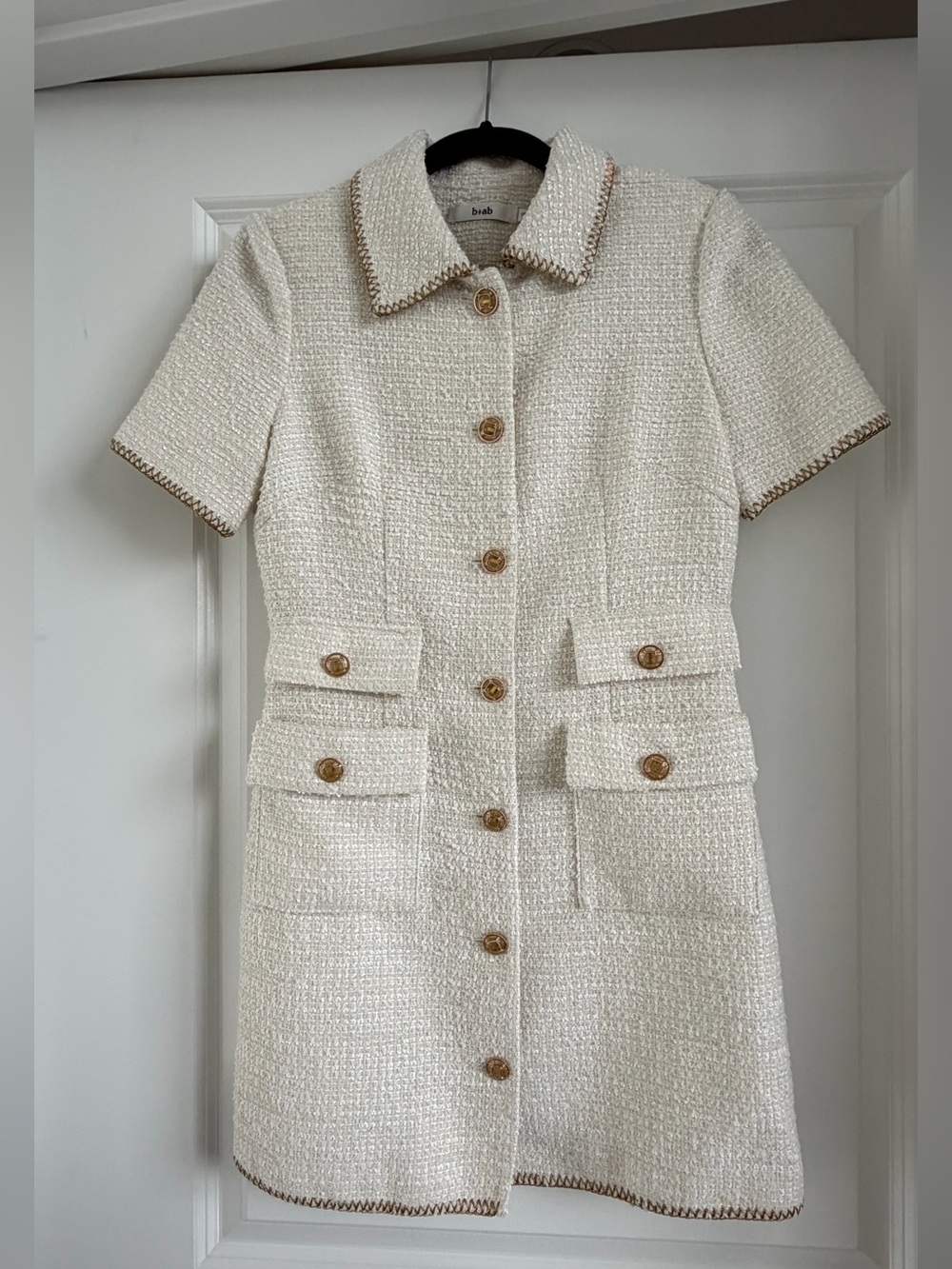 Cream Tweed Mini Dress with Button Front